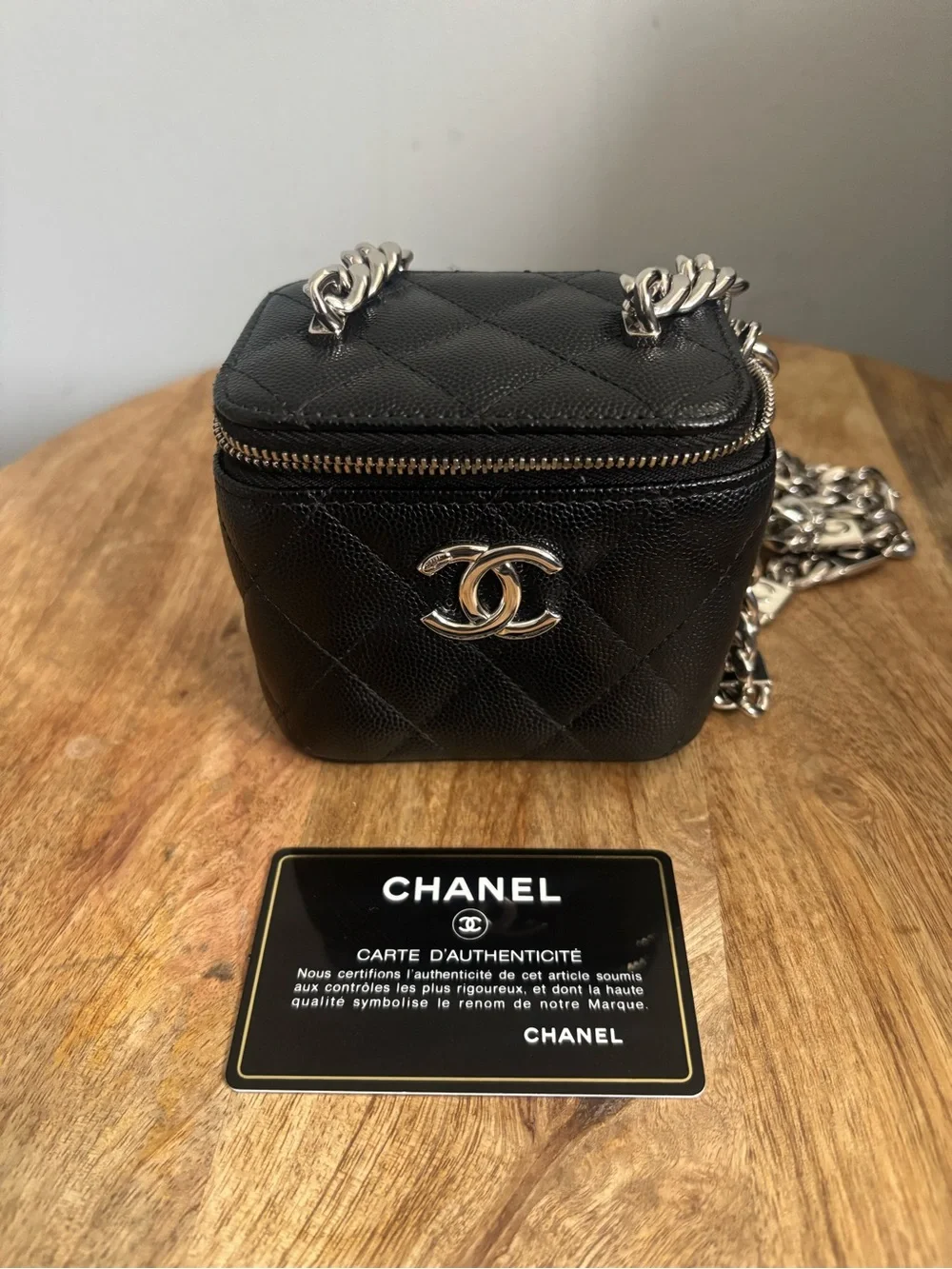 CHANEL Black Quilted Vanity Mini Crossbody with Silver CC